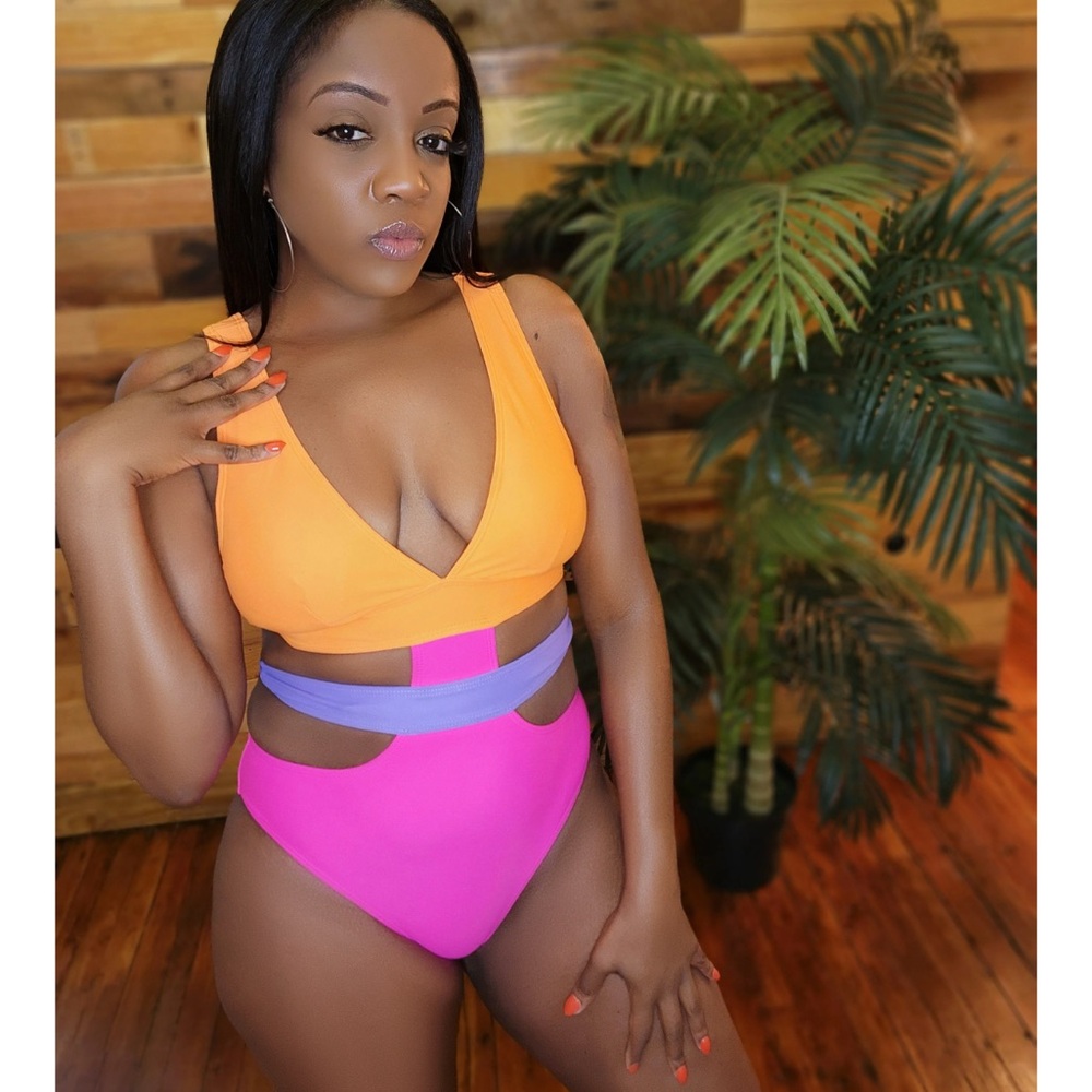 Vibrant Orange and Pink One Piece Cutout Swimsuit